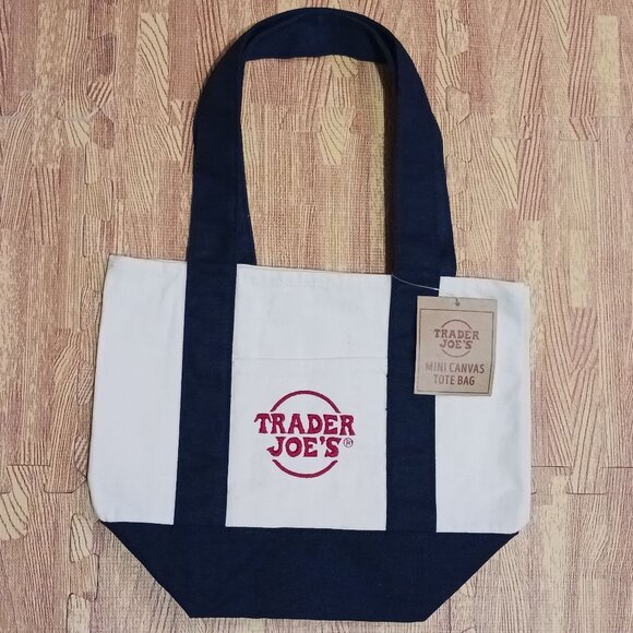 Trader Joe'S Handbags - Trader Joe's Mini Canvas Tote Bag Cream Navy Blue Straps Red Embroidery